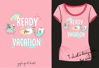 Vector illustration, fashion print for summer t shirt with lettering ready for vacation, mermaid, watercolor spots, paint, beach party