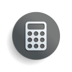 simple calculator icon. White paper symbol on gray round button with shadow