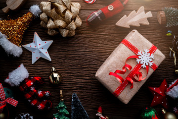 festive ideas concept Top View   Christmas Gifts on dark wooden texture Background
