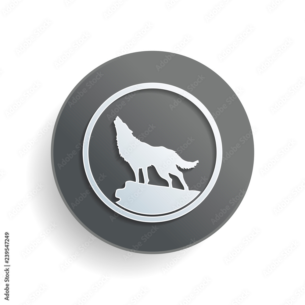 Poster wolf. simple icon. white paper symbol on gray round button with shadow