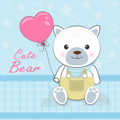 Cute bear holding heart balloon on blue, valentine's day greeting card