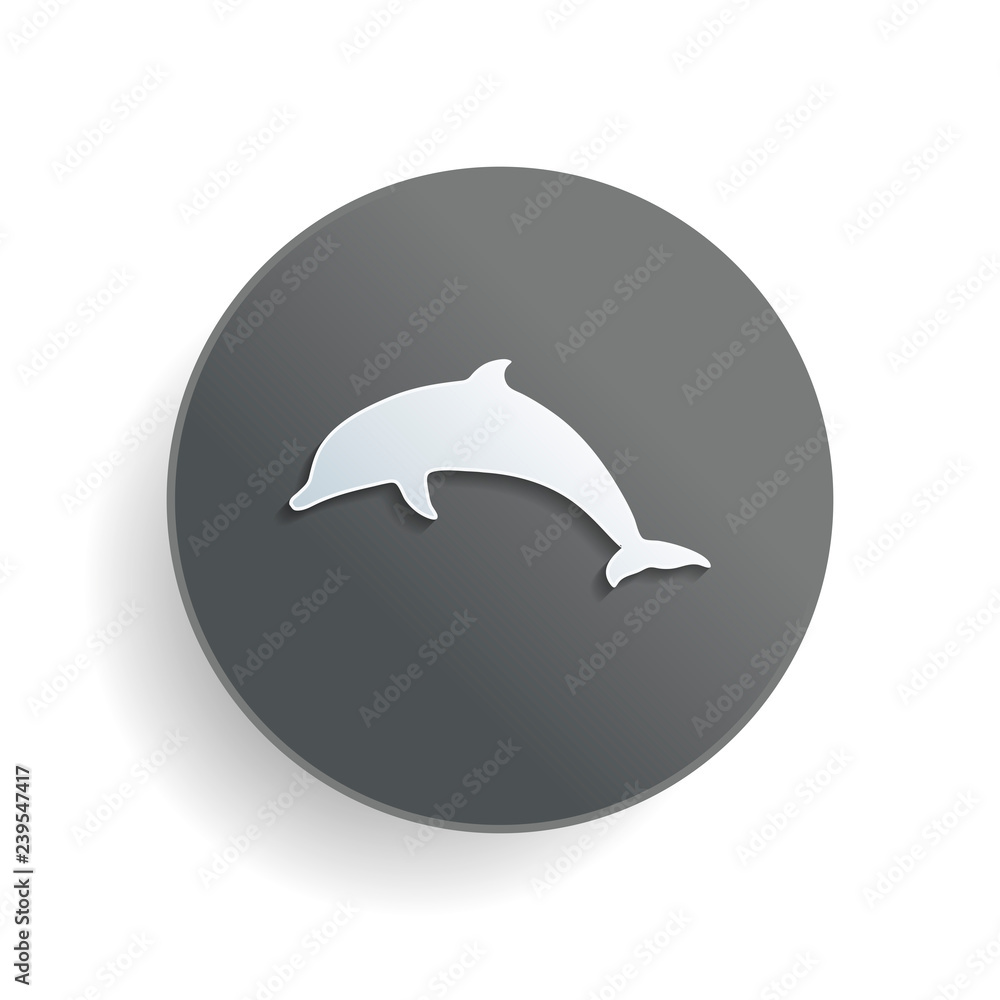 Poster silhouette of dolphin. white paper symbol on gray round button or badge with shadow