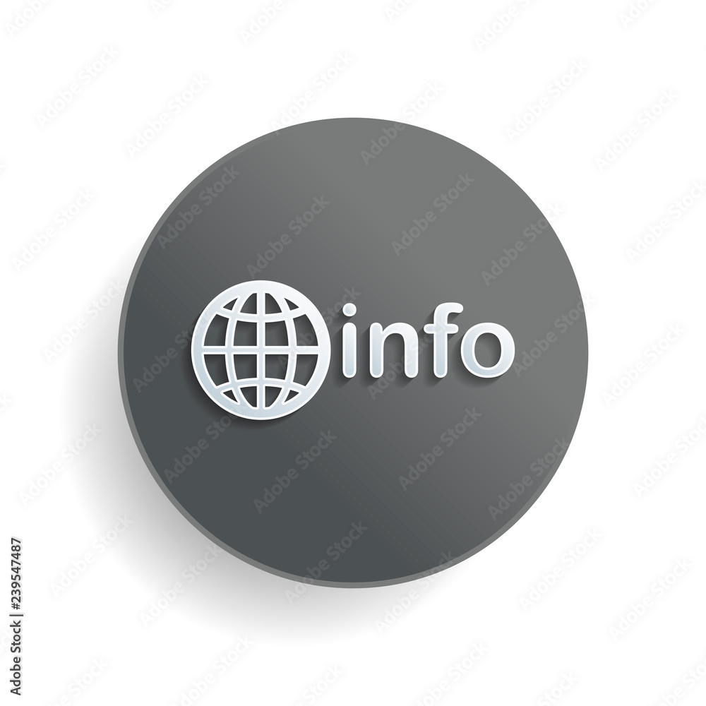 Aufkleber domain for information resources, globe and info. white paper symbol on gray round button or badge w