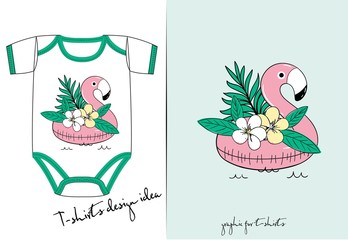 Vector clothes for newborn of cute illustration of  inflatable flamingo for sea, swimming pool ring,  tube, float with exotic jungle palm tree flower, drawn with tablet, sketch imitation