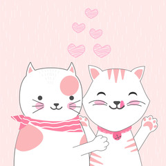 Couple cat and heart, valentine's day greeting card illustration background