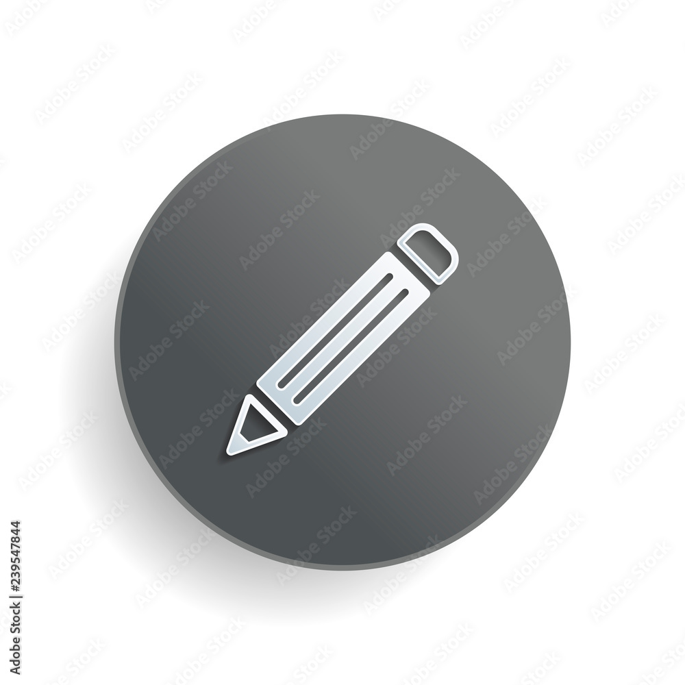 Poster simple pencil symbol. white paper symbol on gray round button or badge with shadow