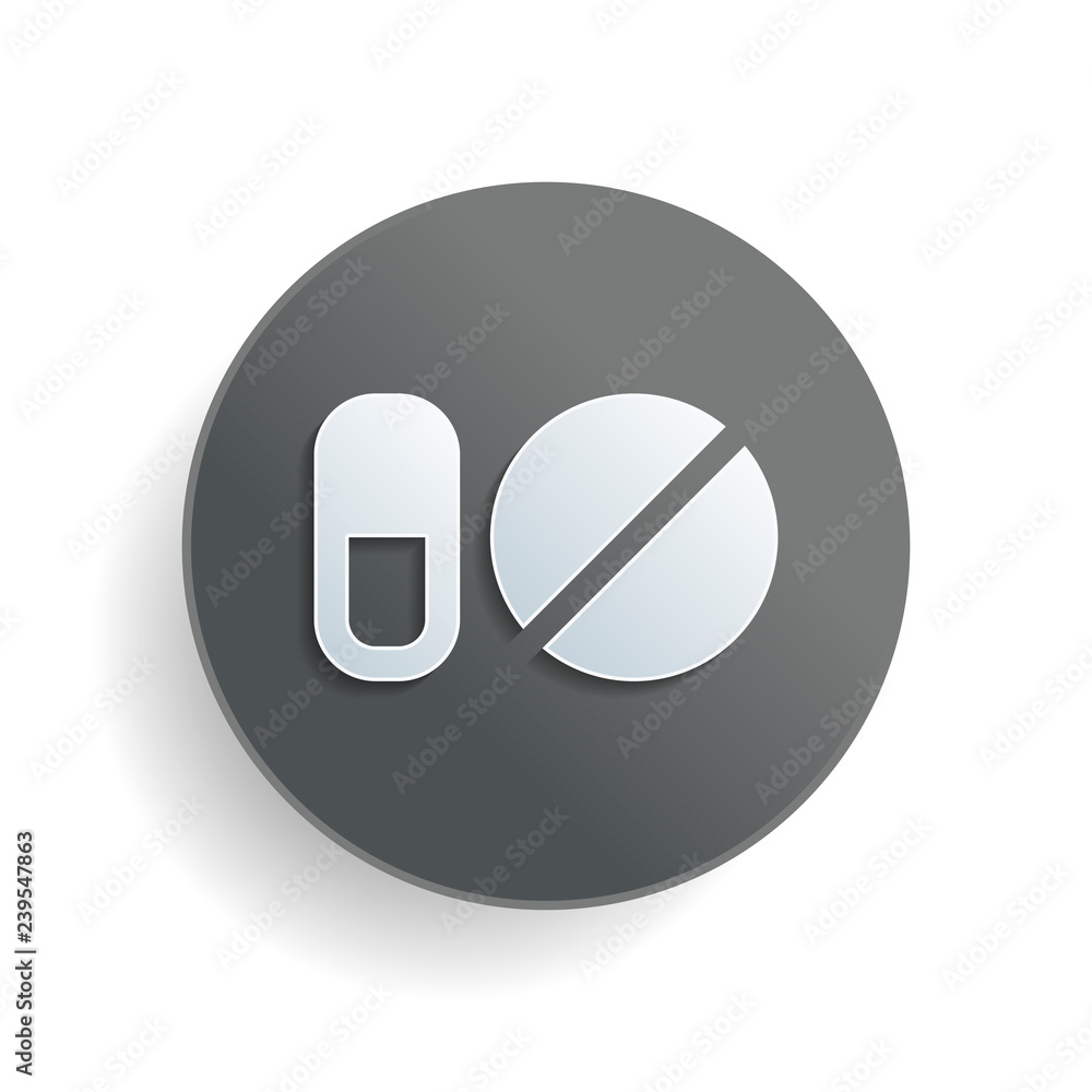 Poster simple symbols of pills or vitamins. white paper symbol on gray round button or badge with shadow