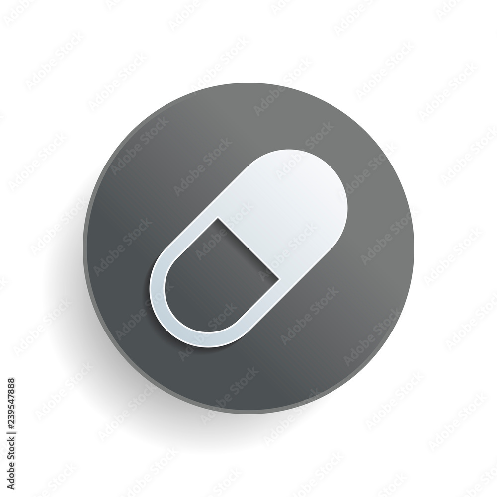 Poster simple symbol of pill or vitamin. white paper symbol on gray round button or badge with shadow