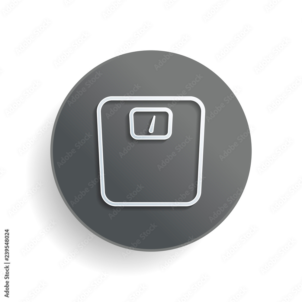 Poster silhouette or icon of weights, simple outline. white paper symbol on gray round button or badge with