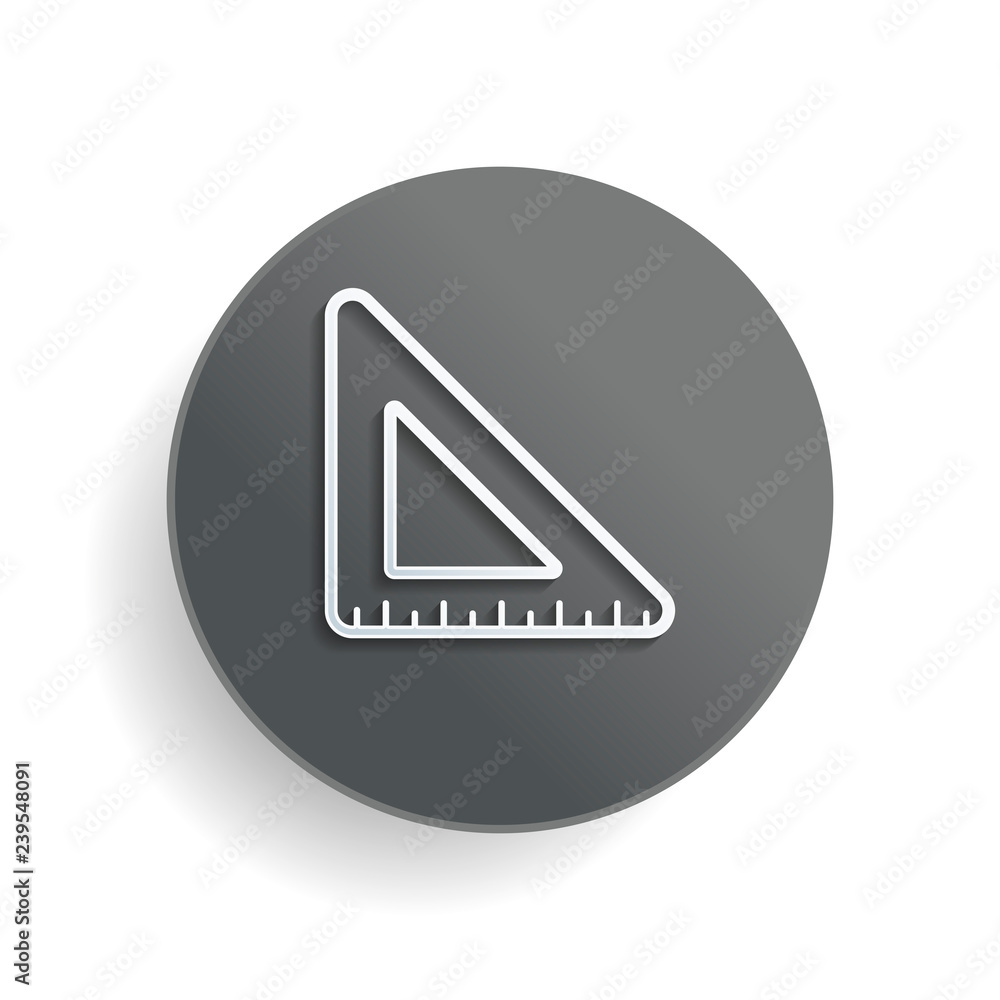 Poster simple triangle, ruler. white paper symbol on gray round button or badge with shadow