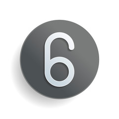 Number six, numeral, simple letter. White paper symbol on gray round button or badge with shadow