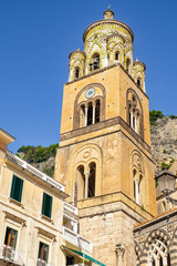 View of the Amalfi Cathedral and bell tower in the town of Amalfi, Italy