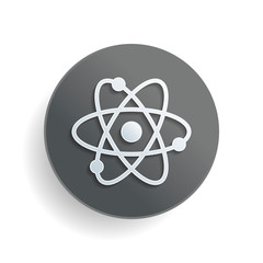 scientific atom symbol, simple icon. White paper symbol on gray round button or badge with shadow