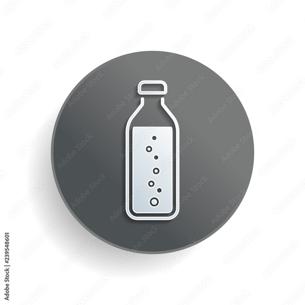 Poster bottle of water with bubbles, simple icon. white paper symbol on gray round button or badge with sha