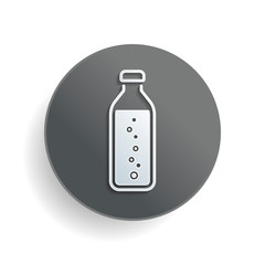 bottle of water with bubbles, simple icon. White paper symbol on gray round button or badge with shadow