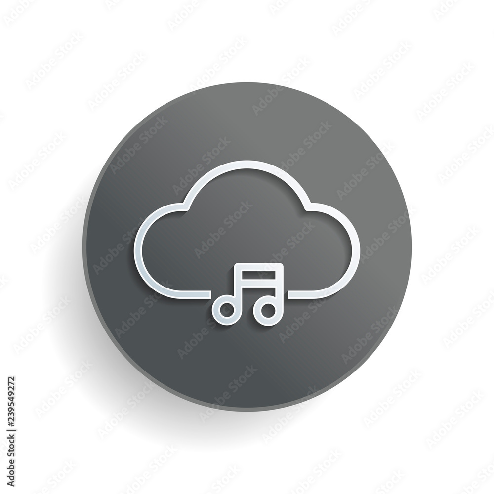 Poster cloud music library, striming. simple linear icon with thin outline. white paper symbol on gray roun