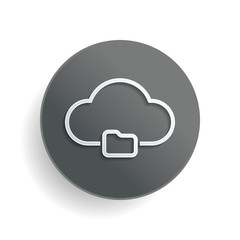outline simple cloud and folder. linear symbol with thin outline. White paper symbol on gray round button or badge with shadow