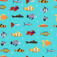 Modèle vectorielle continue avec illustration de poissons décoratifs mignons. Fond multicolore drôle, texture marine animaux de pêche aquatiques sous-marines.