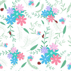 Ladybug with floral and leaf seamless pattern background