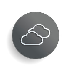 Mostly cloudy icon. Simple linear icon with thin outline. White paper symbol on gray round button or badge with shadow