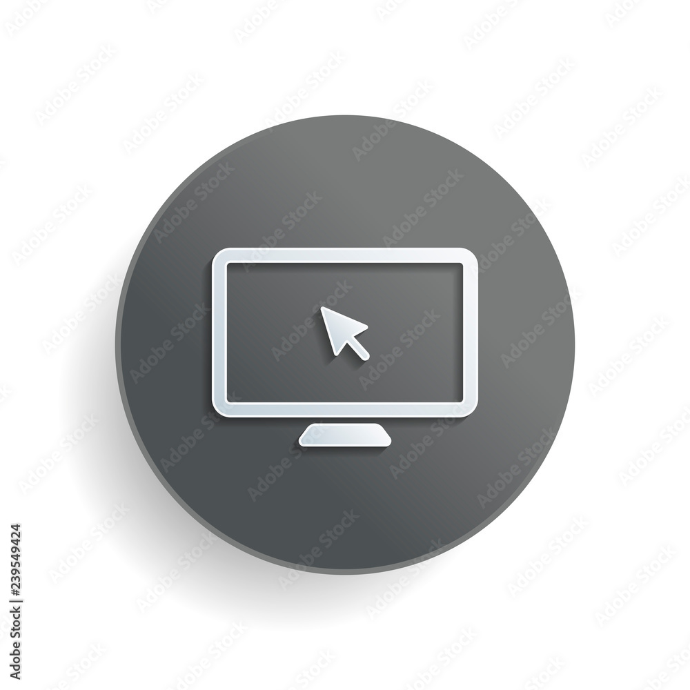 Poster desktop computer and mouse arrow. simple digital icon. white paper symbol on gray round button or ba