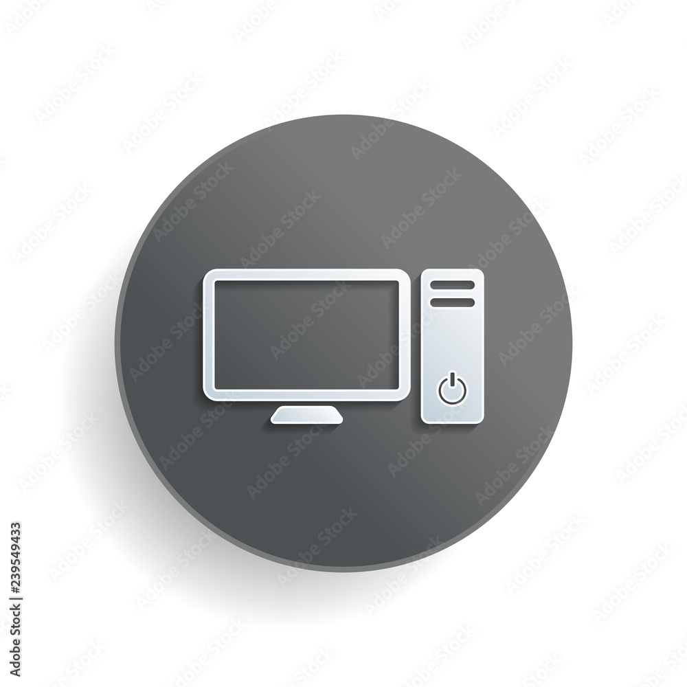 Poster personal computer, pc. system unit and monitor. white paper symbol on gray round button or badge wit