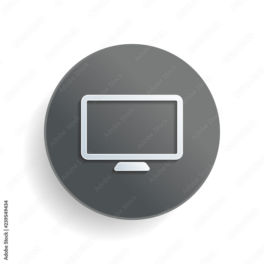 Poster computer monitor or modern tv. simple icon. white paper symbol on gray round button or badge with sh