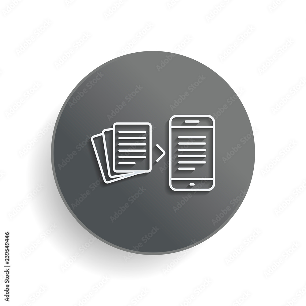 Poster convert to electronic document. white paper symbol on gray round button or badge with shadow