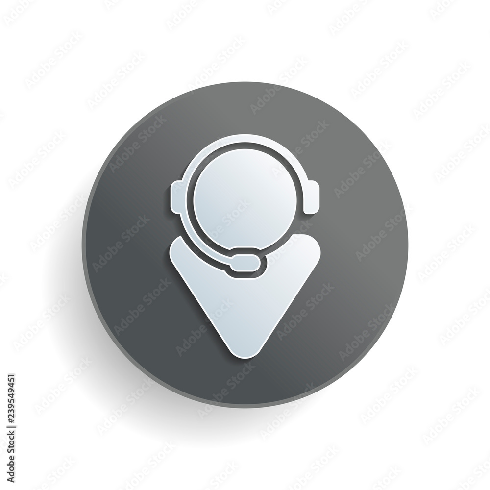 Poster customer service. support service. simple icon. white paper symbol on gray round button or badge wit