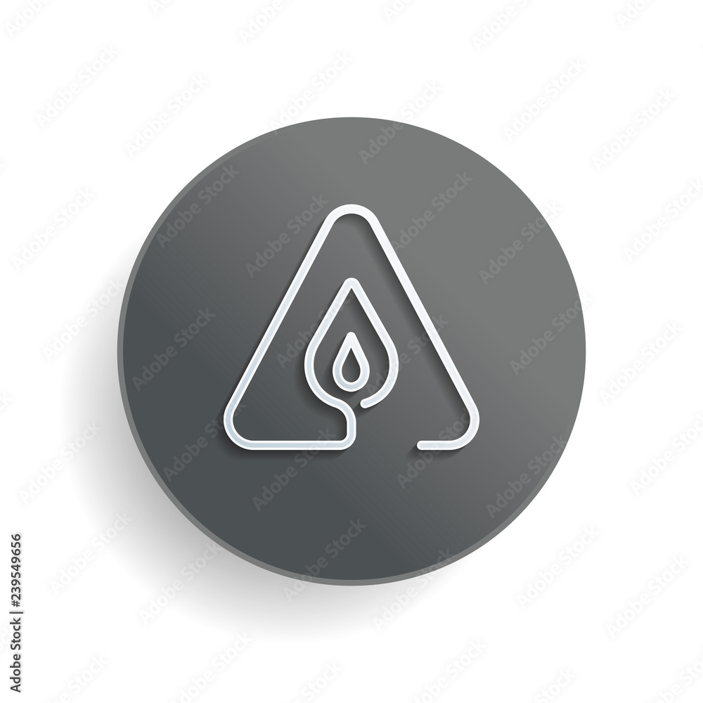 Poster fire flame in warning triangle. linear symbol with thin outline. one line style. simple icon. white 