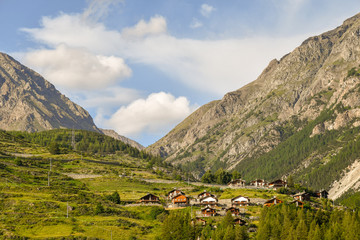Fototapeta na wymiar Alpine borough on a mountainside with rocky peaks in summer, Cogne, Aosta Valley, Alps, Italy
