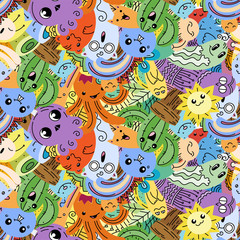 Funny doodle monsters on seamless pattern for prints, designs and coloring books