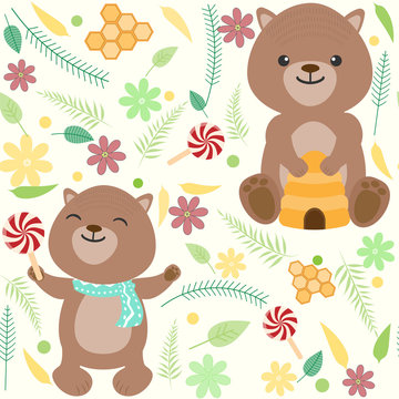 Teddy bear with floral and leaf seamless pattern background