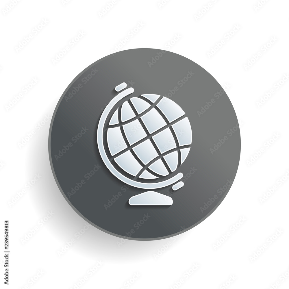 Aufkleber simple globe symbol. white paper symbol on gray round button or badge with shadow