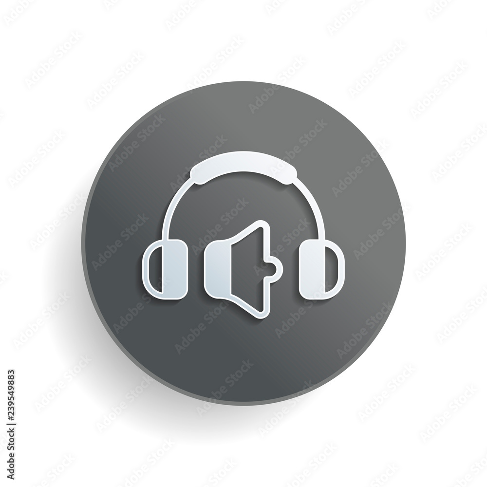 Poster headphones and volume level. min volume level. simple icon. white paper symbol on gray round button 