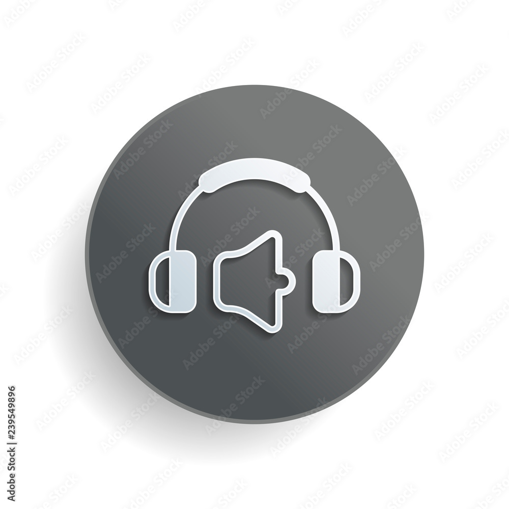 Poster headphones and volume level. mute volume level. simple icon. white paper symbol on gray round button