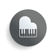 Grand piano icon. White paper symbol on gray round button or badge with shadow