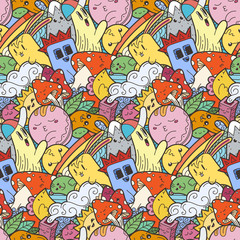 Obraz na płótnie Canvas Funny doodle monsters on seamless pattern for prints, designs and coloring books