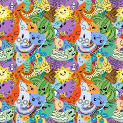 Funny doodle monsters on seamless pattern for prints, designs and coloring books