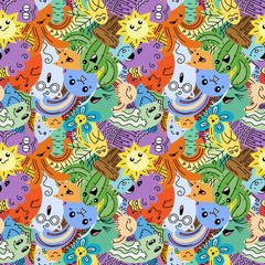 Funny doodle monsters on seamless pattern for prints, designs and coloring books