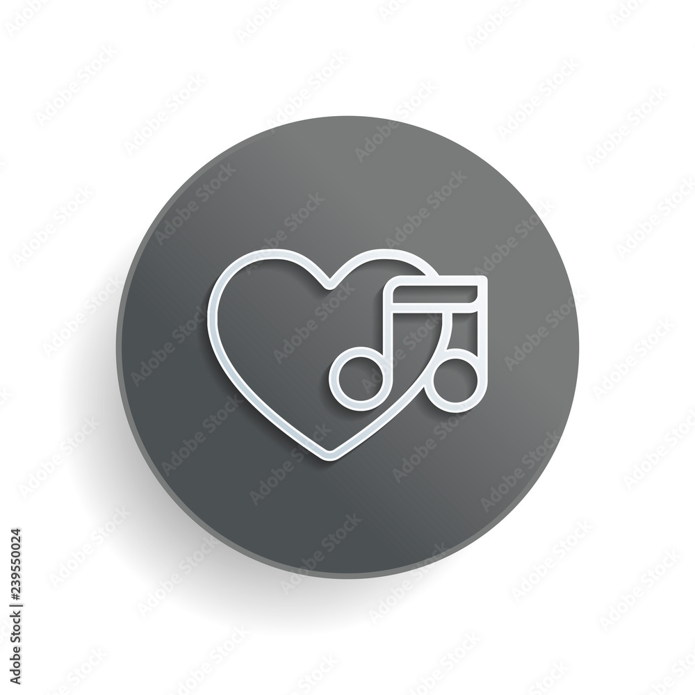 Poster heard and note, favourite music. linear icon with thin outline. white paper symbol on gray round but