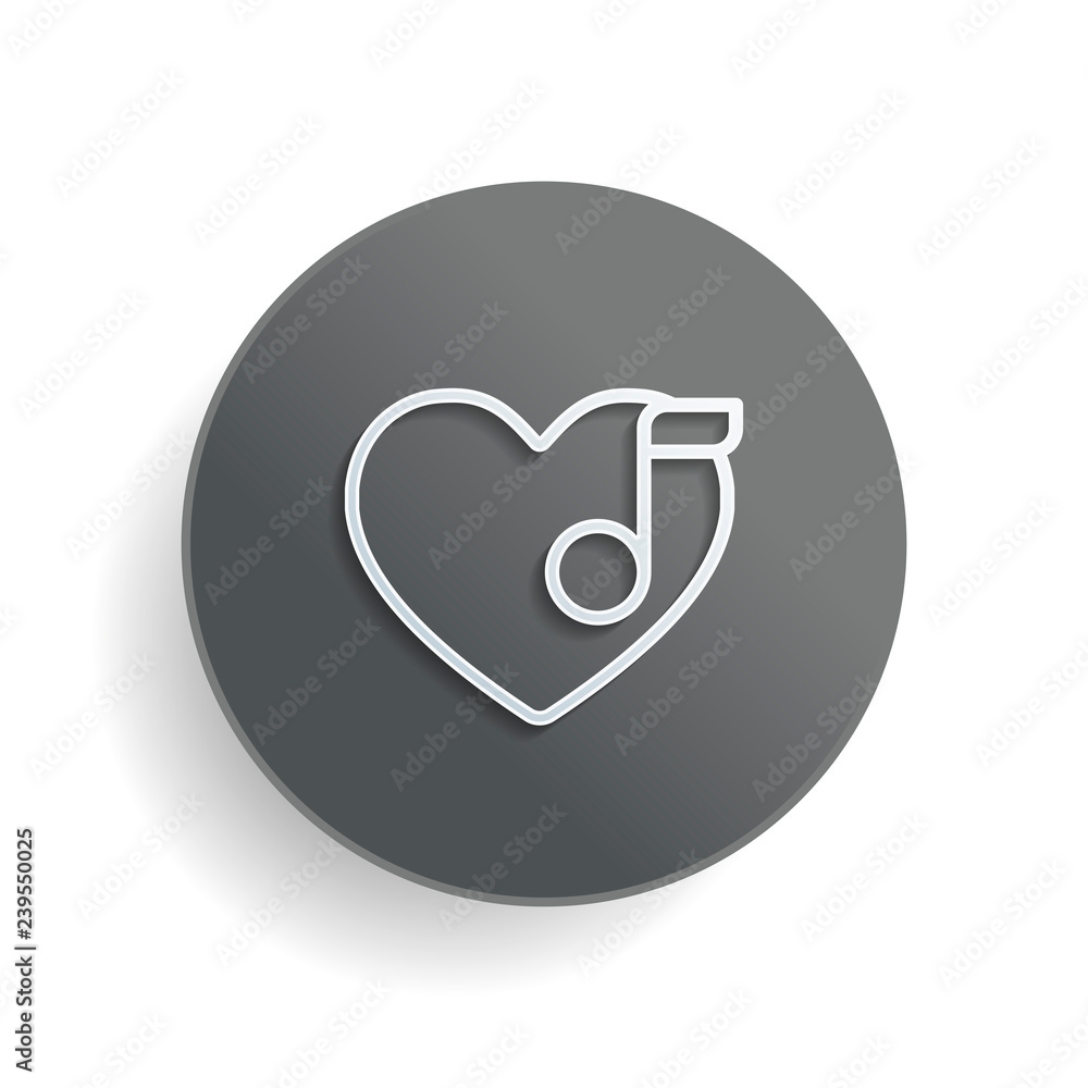 Poster heard and note, favourite music. linear icon with thin outline. white paper symbol on gray round but