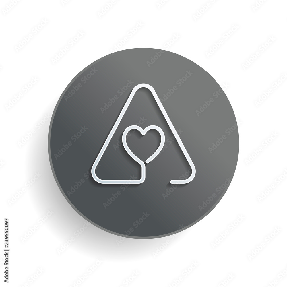 Poster heart in warning triangle. linear icon with thin outline. one line style. white paper symbol on gray