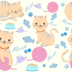 Fototapeten Süße Katze mit Garn und Spielzeug nahtlose Musterillustration © kheat
