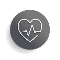 Heart and pulse line. One line style. Linear icon with thin outline. White paper symbol on gray round button or badge with shadow