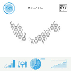 Malaysia People Icon Map. People Crowd in the Shape of a Map of Malaysia. Stylized Silhouette of Malaysia. Population Growth and Aging Infographic Elements. Vector Illustration Isolated on White.