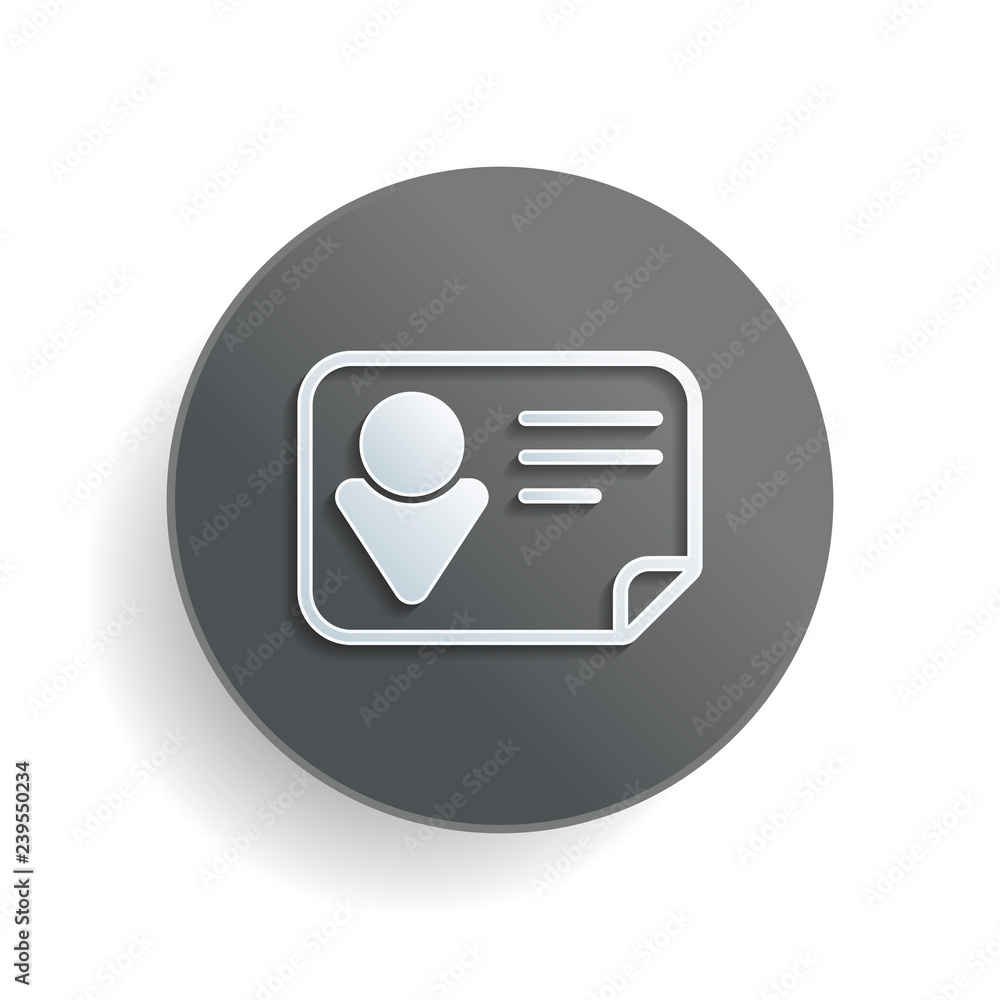 Poster identification card icon. linear style. white paper symbol on gray round button or badge with shadow