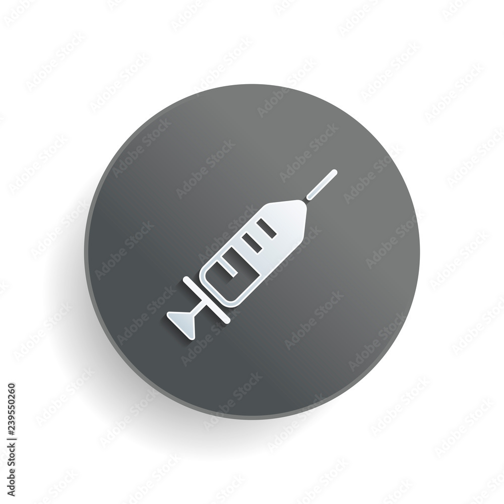 Poster simple injector icon. white paper symbol on gray round button or badge with shadow