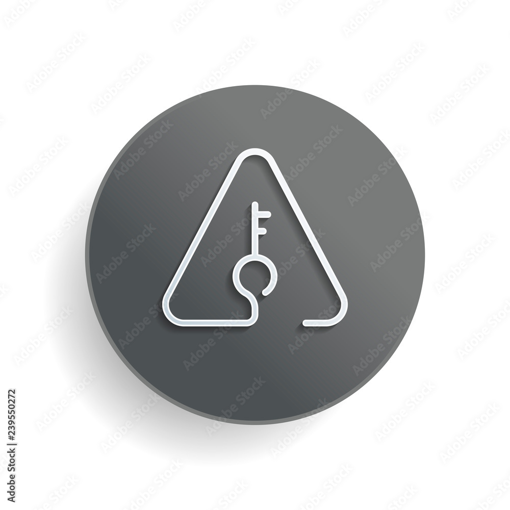 Poster key in warning triangle. linear icon with thin outline. one line style. white paper symbol on gray r