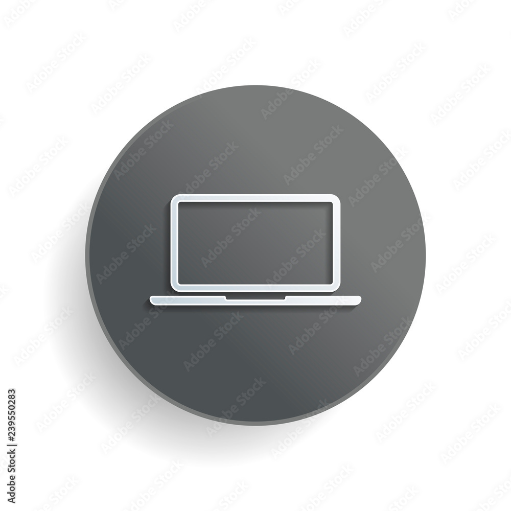 Poster laptop or notebook computer icon. white paper symbol on gray round button or badge with shadow